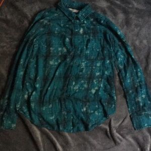 Teal, bleach spotted designed, plaid shirt